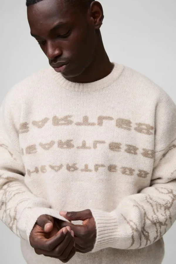 boohooMAN Oversized Boxy Brushed Heartless Graphic Knitted Jumper | Knitwear | Going Out Knitwear