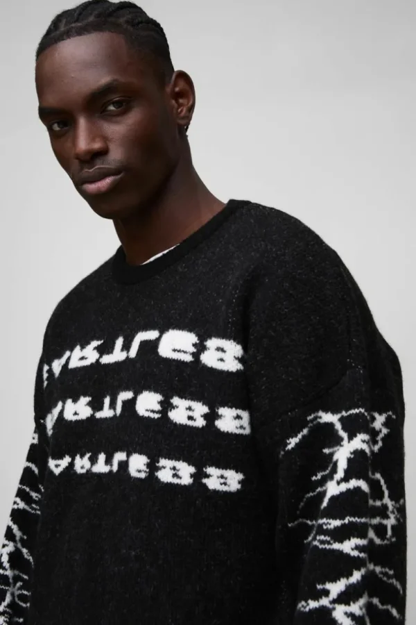 boohooMAN Oversized Boxy Brushed Heartless Graphic Knitted Jumper | Knitwear | Going Out Knitwear