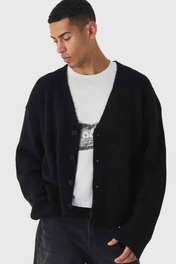 boohooMAN Oversized Boxy Brushed Knitted Cardigan | Knitwear | Going Out Knitwear