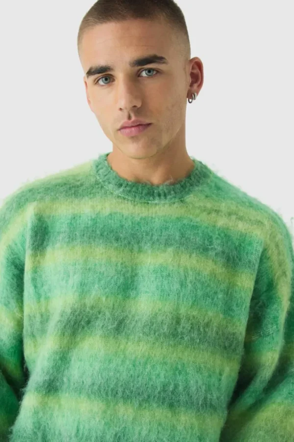 boohooMAN Oversized Boxy Brushed Ombre Stripe Knitted Jumper | Knitwear | Going Out Knitwear