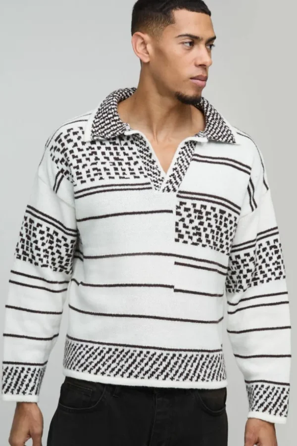 boohooMAN Oversized Boxy Brushed Patterned Knitted Polo Jumper | Going Out Polo Shirts | Knitwear