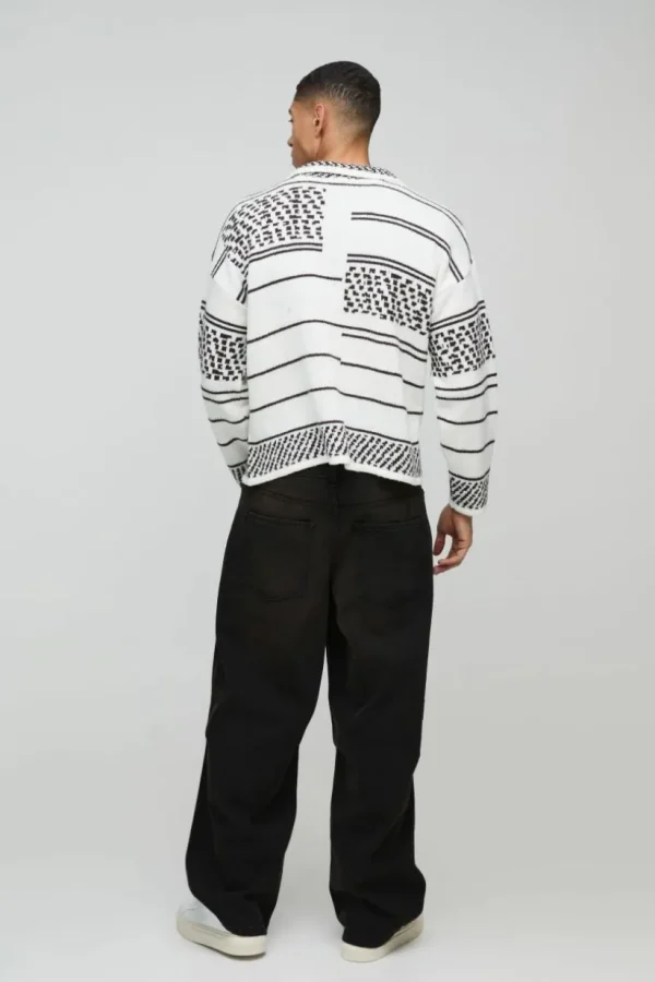 boohooMAN Oversized Boxy Brushed Patterned Knitted Polo Jumper | Going Out Polo Shirts | Knitwear