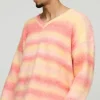 boohooMAN Oversized Boxy Brushed Stripe V Neck Knitted Jumper | Knitwear | Going Out Knitwear