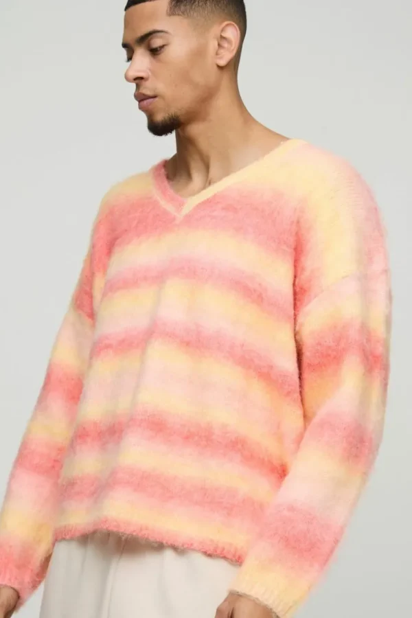 boohooMAN Oversized Boxy Brushed Stripe V Neck Knitted Jumper | Knitwear | Going Out Knitwear