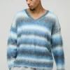 boohooMAN Oversized Boxy Brushed Stripe V Neck Knitted Jumper | Knitwear | Going Out Knitwear