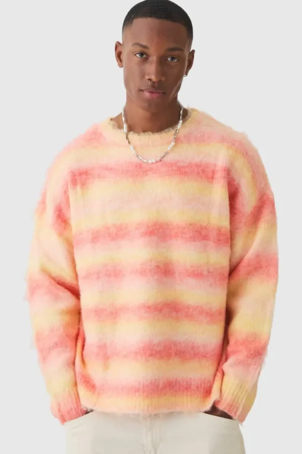 boohooMAN Oversized Boxy Brushed Stripe Knitted Jumper | Knitwear | Going Out Knitwear