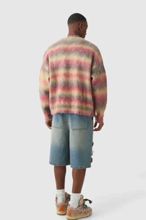 boohooMAN Oversized Boxy Brushed Stripe Knitted Cardigan | Knitwear | Going Out Knitwear