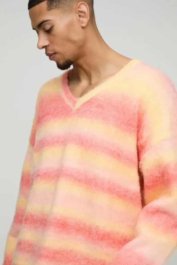 boohooMAN Oversized Boxy Brushed Stripe V Neck Knitted Jumper | Knitwear | Going Out Knitwear