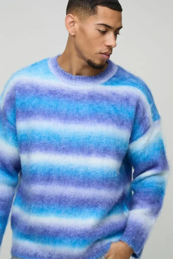 boohooMAN Oversized Boxy Brushed Stripe Knitted Jumper | Knitwear | Going Out Knitwear