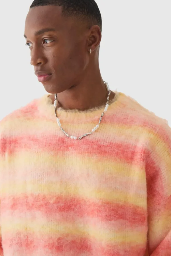 boohooMAN Oversized Boxy Brushed Stripe Knitted Jumper | Knitwear | Going Out Knitwear