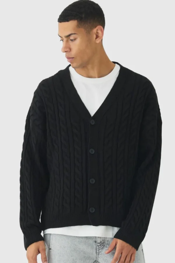 boohooMAN Oversized Boxy Cable Knit Cardigan | Knitwear | Going Out Knitwear