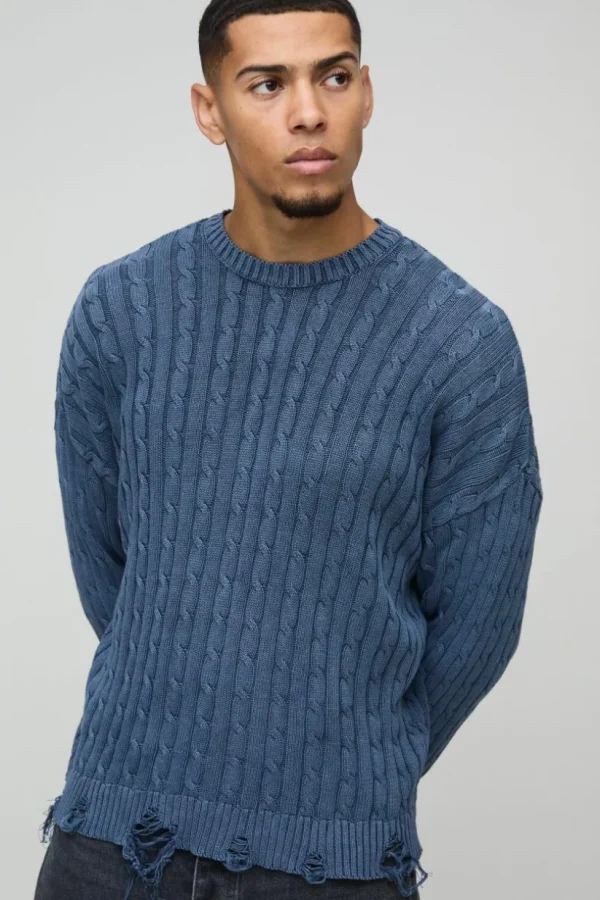 boohooMAN Oversized Boxy Cable Knit Acid Wash Knitted Jumper | Knitwear | Going Out Knitwear