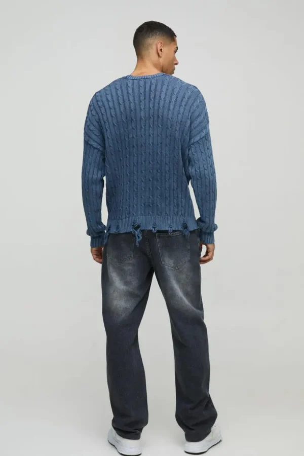 boohooMAN Oversized Boxy Cable Knit Acid Wash Knitted Jumper | Knitwear | Going Out Knitwear