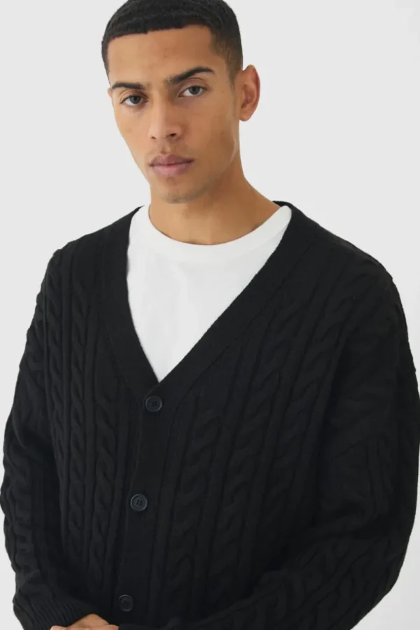 boohooMAN Oversized Boxy Cable Knit Cardigan | Knitwear | Going Out Knitwear