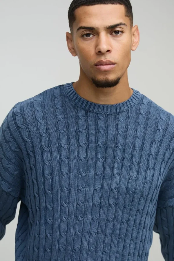 boohooMAN Oversized Boxy Cable Knit Acid Wash Knitted Jumper | Knitwear | Going Out Knitwear