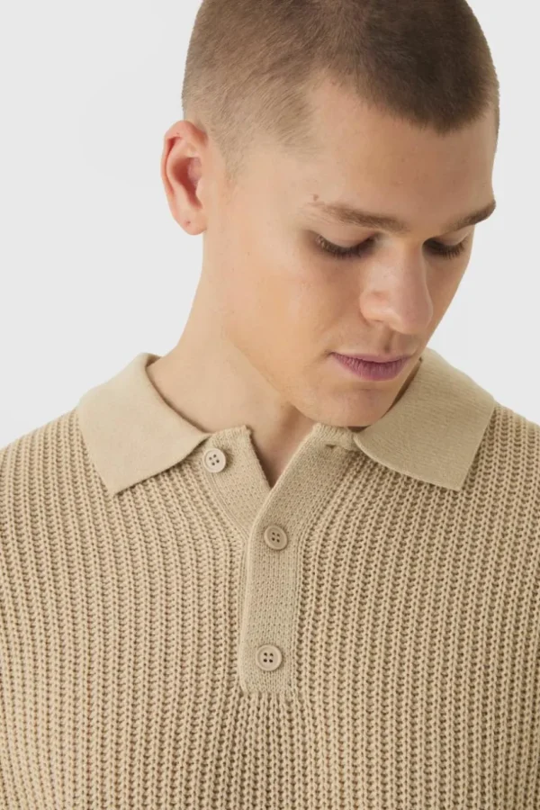 boohooMAN Oversized Boxy Chunky Knit Polo Jumper | Knitwear | Going Out Knitwear