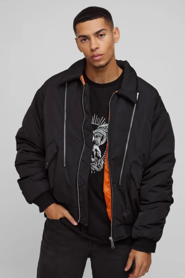 boohooMAN Oversized Boxy Collared Bomber Jacket In | Man | Coats & Jackets