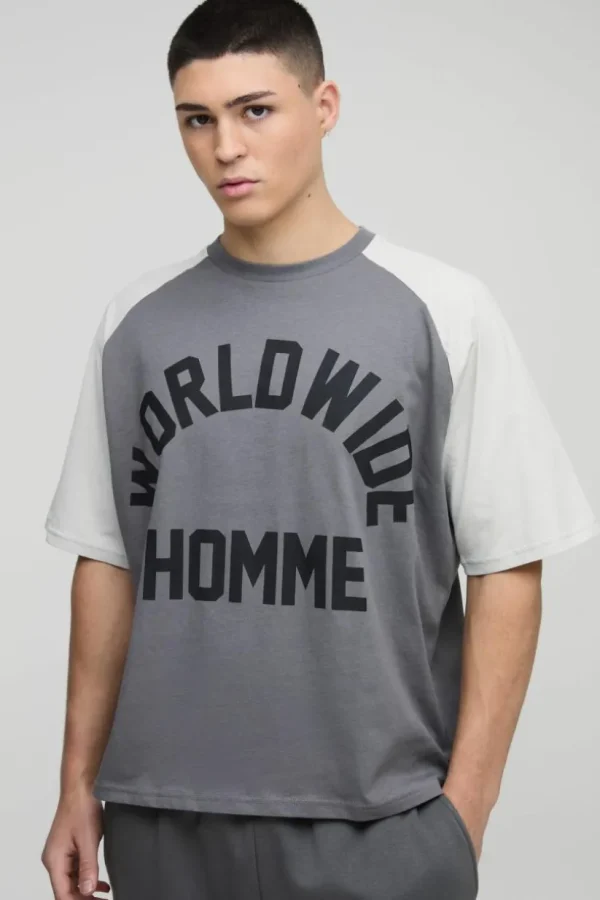 boohooMAN Oversized Boxy Colour Block Worldwide Raglan T-shirt | T-Shirts