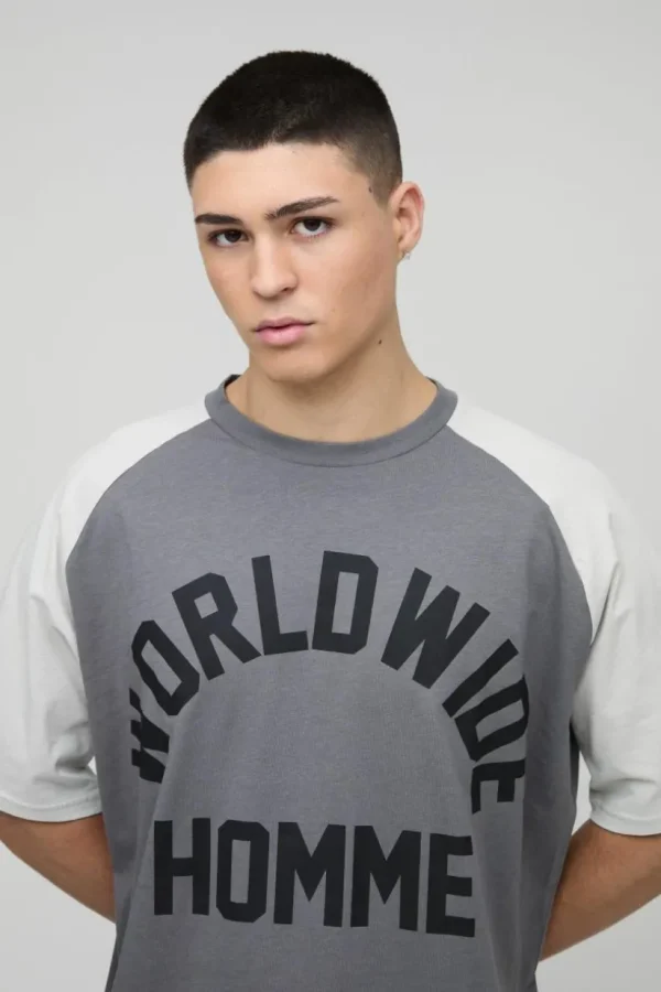 boohooMAN Oversized Boxy Colour Block Worldwide Raglan T-shirt | T-Shirts