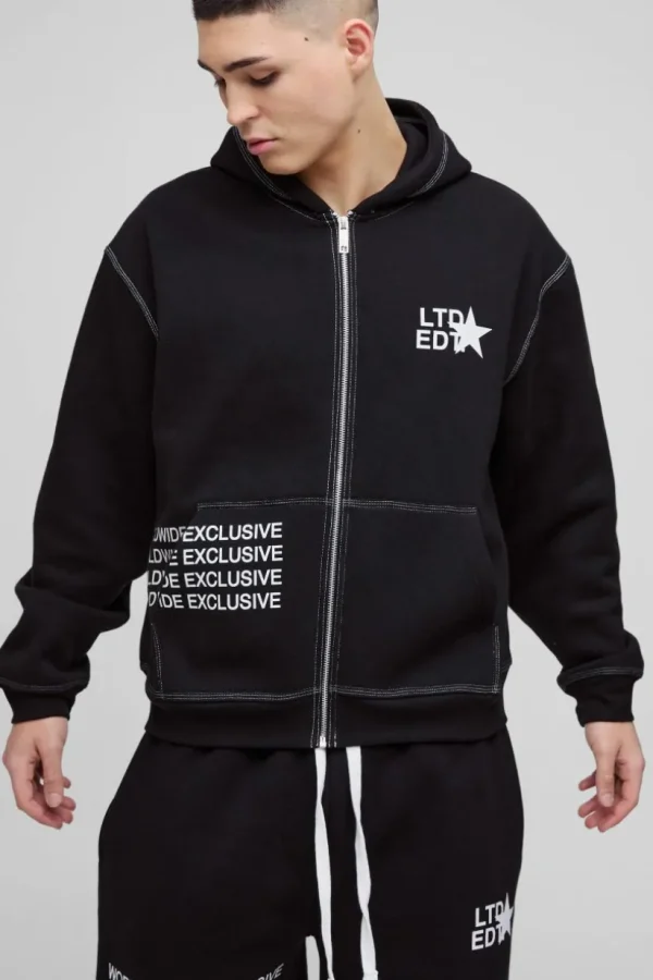 boohooMAN Oversized Boxy Contrast Stitch Printed Zip Through Hoodie | Hoodies & Sweats