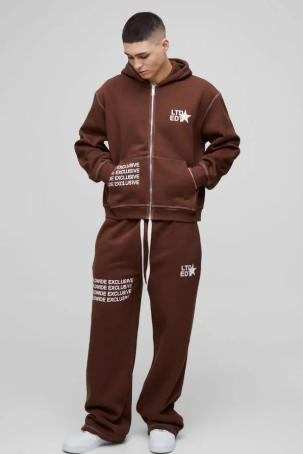 boohooMAN Oversized Boxy Contrast Stitch Printed Zip Through Hooded Tracksuit | Tracksuits