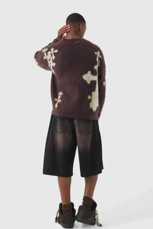 boohooMAN Oversized Boxy Cross Brushed Knitted Jumper | Knitwear | Going Out Knitwear