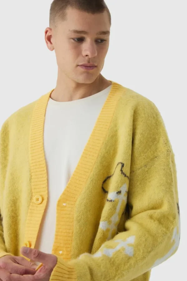 boohooMAN Oversized Boxy Cross Brushed Knitted Cardigan | Knitwear | Going Out Knitwear