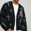 boohooMAN Oversized Boxy Cross Graphic Brushed Knitted Cardigan | Knitwear | Going Out Knitwear