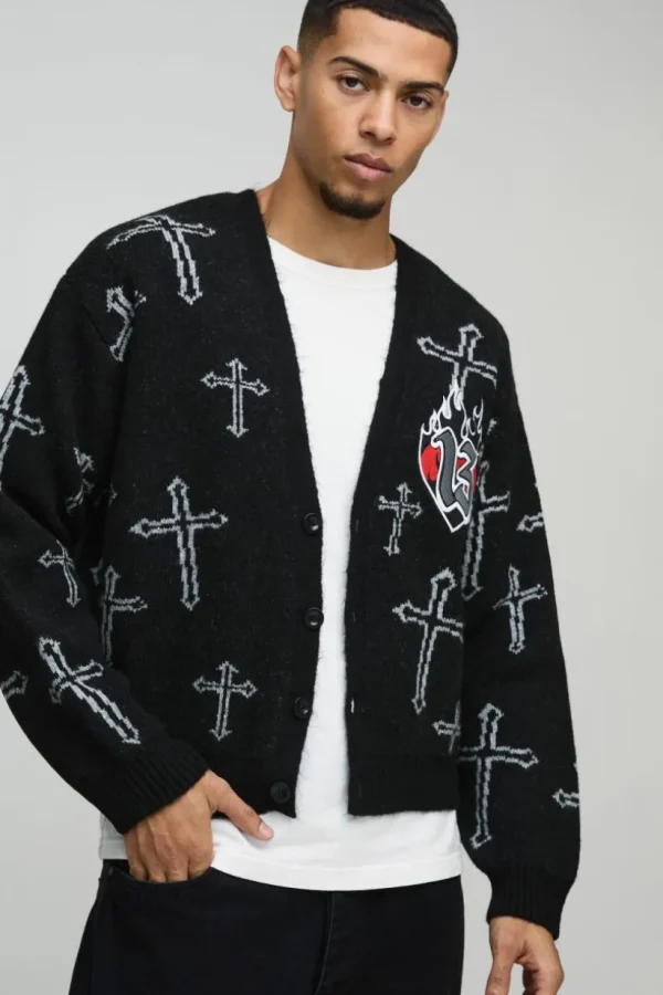 boohooMAN Oversized Boxy Cross Graphic Brushed Knitted Cardigan | Knitwear | Going Out Knitwear