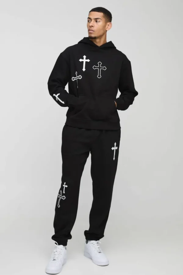 boohooMAN Oversized Boxy Cross Print Hooded Tracksuit | Tracksuits