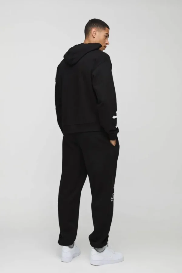 boohooMAN Oversized Boxy Cross Print Hooded Tracksuit | Tracksuits