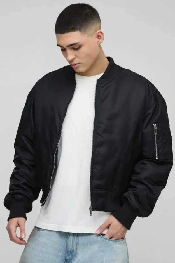 boohooMAN Oversized Boxy Curved Hem Nylon Bomber Jacket | Man | Coats & Jackets