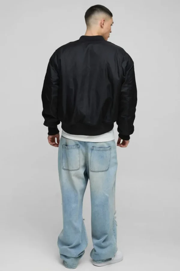 boohooMAN Oversized Boxy Curved Hem Nylon Bomber Jacket | Man | Coats & Jackets