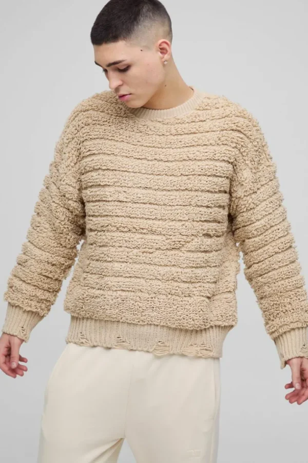 boohooMAN Oversized Boxy Distressed Textured Knitted Jumper | Knitwear | Going Out Knitwear