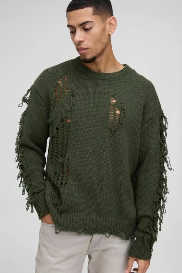 boohooMAN Oversized Boxy Distressed Textured Knitted Jumper | Knitwear | Going Out Knitwear