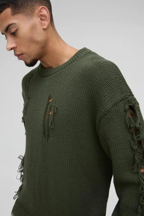 boohooMAN Oversized Boxy Distressed Textured Knitted Jumper | Knitwear | Going Out Knitwear