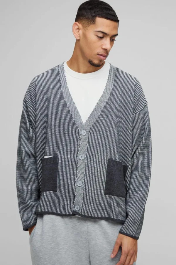 boohooMAN Oversized Boxy Dropped Shoulder Plated Ribbed Knitted Cardigan | Knitwear | Going Out Knitwear