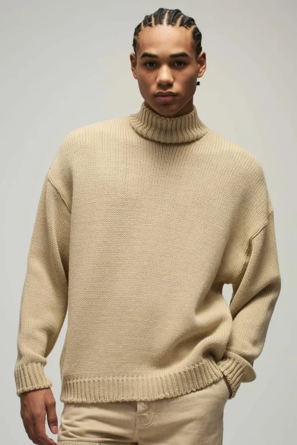 boohooMAN Oversized Boxy Dropped Shoulder Funnel Neck Knitted Jumper | Knitwear | Going Out Knitwear