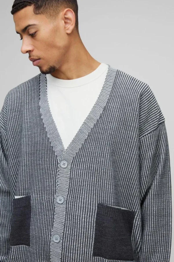 boohooMAN Oversized Boxy Dropped Shoulder Plated Ribbed Knitted Cardigan | Knitwear | Going Out Knitwear