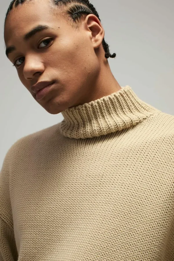 boohooMAN Oversized Boxy Dropped Shoulder Funnel Neck Knitted Jumper | Knitwear | Going Out Knitwear