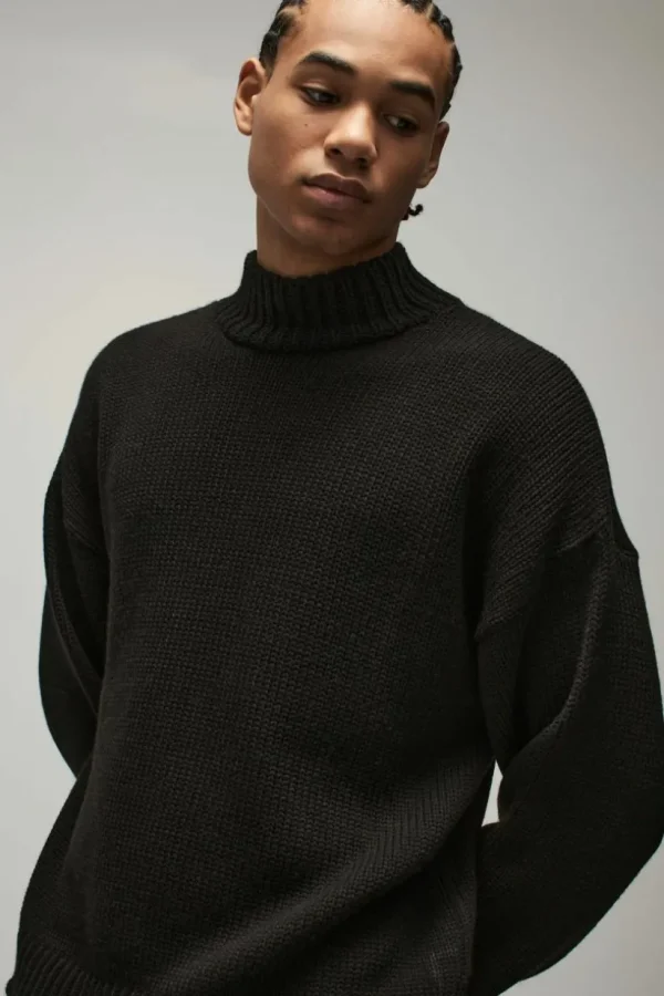 boohooMAN Oversized Boxy Dropped Shoulder Funnel Neck Knitted Jumper | Knitwear | Going Out Knitwear