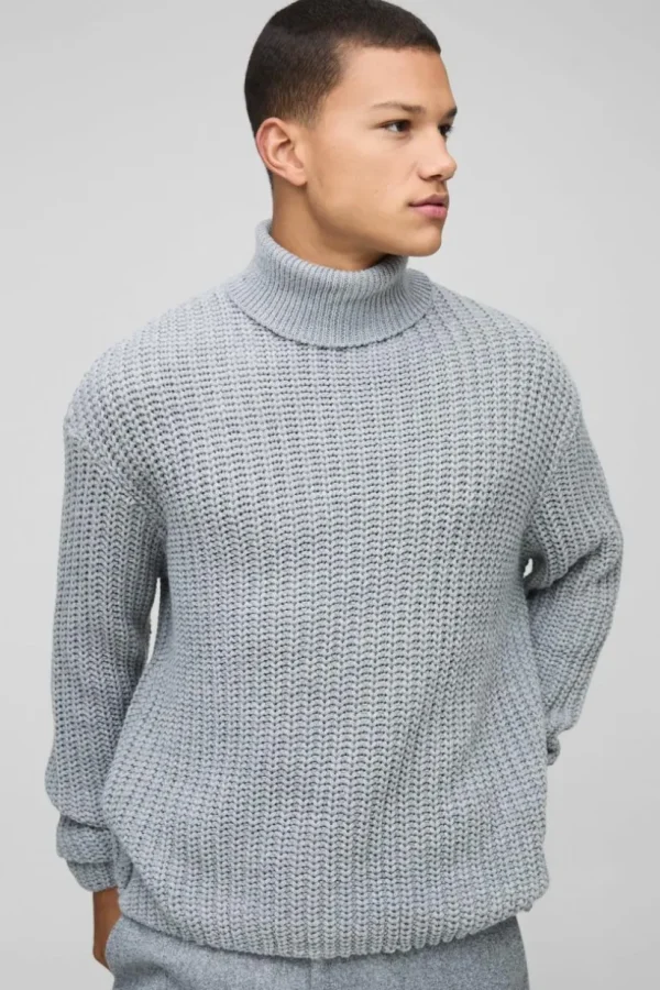 boohooMAN Oversized Boxy Fishman Ribbed Roll Neck Knitted Jumper | Man | Knitwear