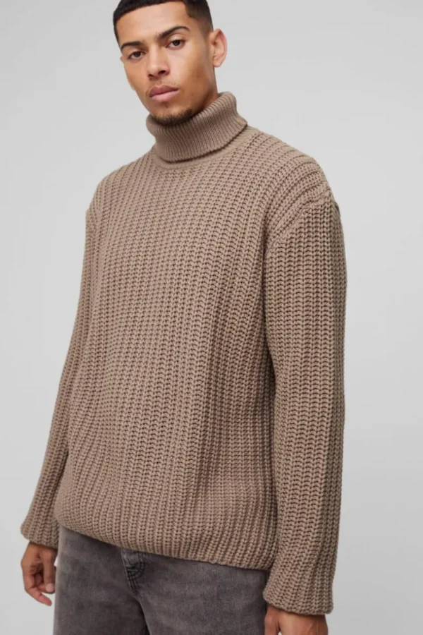 boohooMAN Oversized Boxy Fishman Ribbed Roll Neck Knitted Jumper | Knitwear | Going Out Knitwear