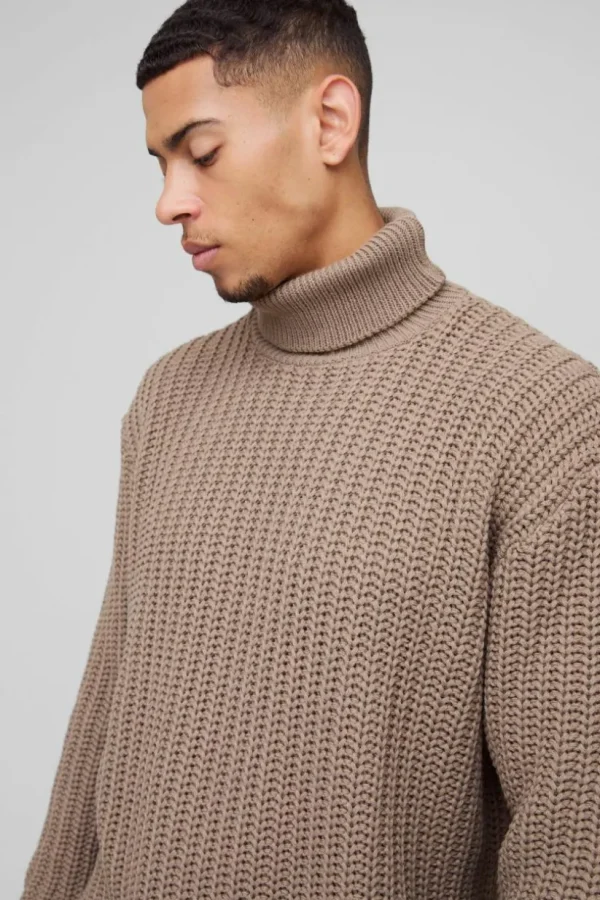 boohooMAN Oversized Boxy Fishman Ribbed Roll Neck Knitted Jumper | Knitwear | Going Out Knitwear