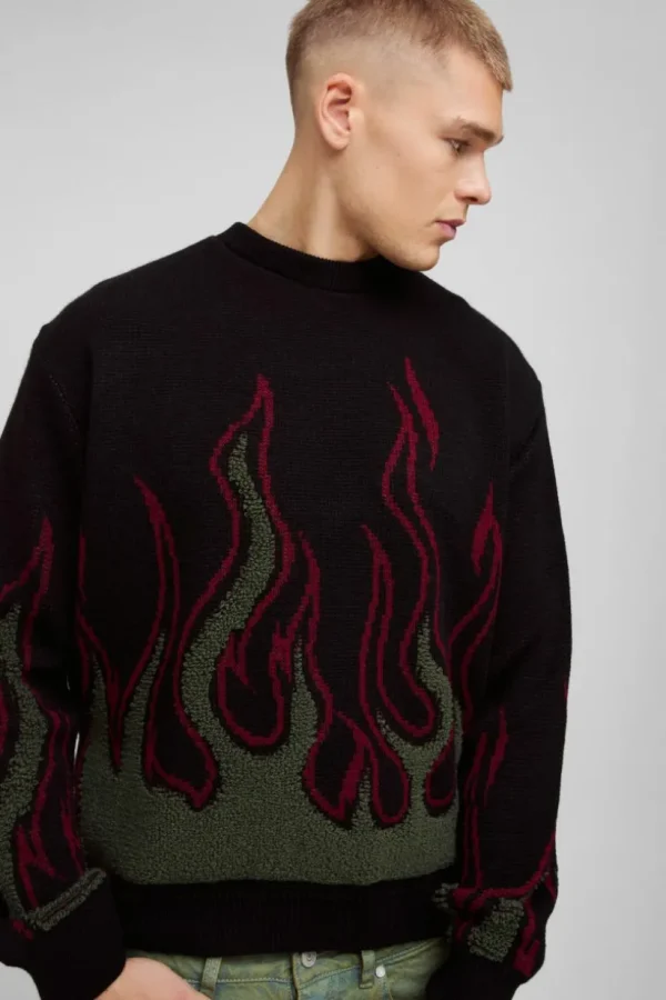 boohooMAN Oversized Boxy Flame Textured Knitted Jumper | Knitwear | Going Out Knitwear