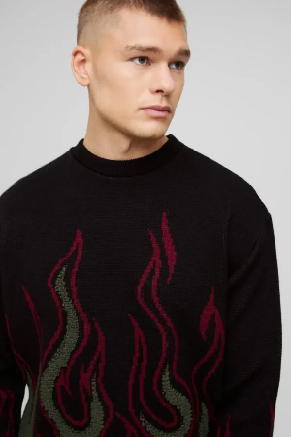 boohooMAN Oversized Boxy Flame Textured Knitted Jumper | Knitwear | Going Out Knitwear