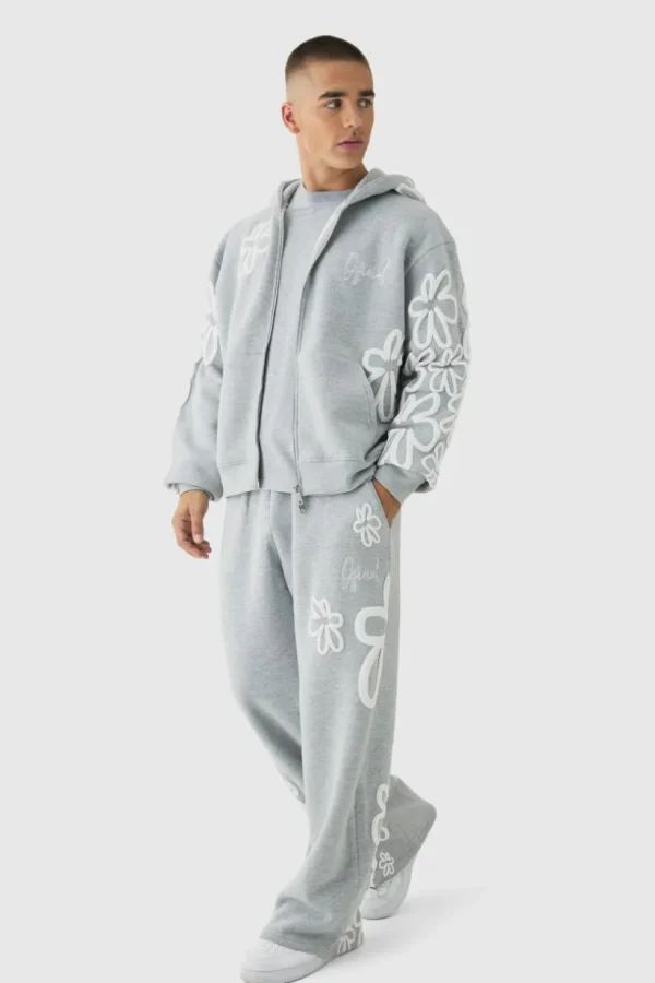 boohooMAN Oversized Boxy Floral Puff Print Zip Through Tracksuit | Tracksuits