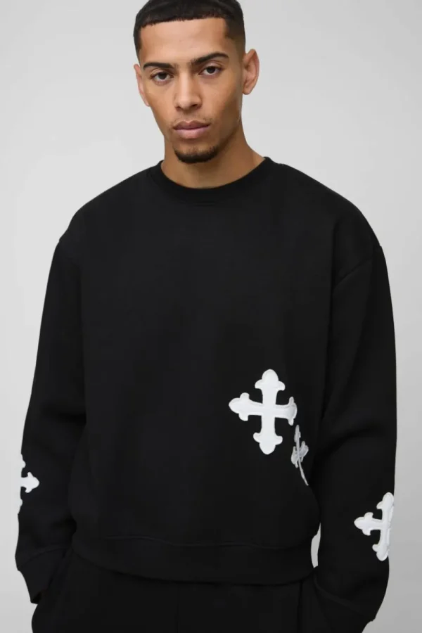 boohooMAN Oversized Boxy Gothic Cross Applique Sweatshirt | Hoodies & Sweats