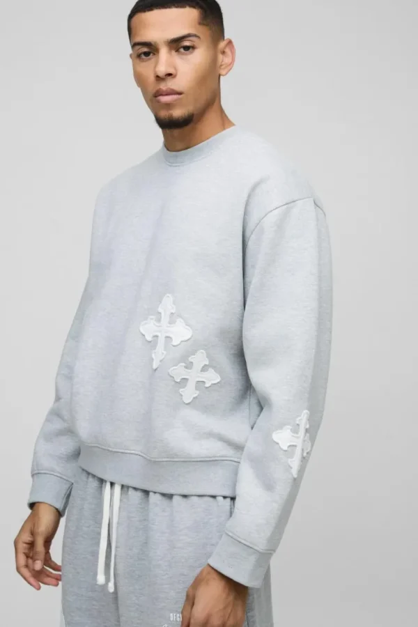 boohooMAN Oversized Boxy Gothic Cross Applique Sweatshirt | Hoodies & Sweats