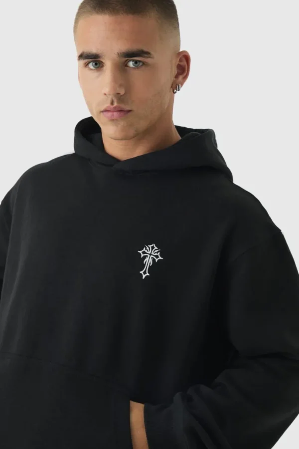 boohooMAN Oversized Boxy Gothic Cross Embroidery Hoodie | Hoodies & Sweats